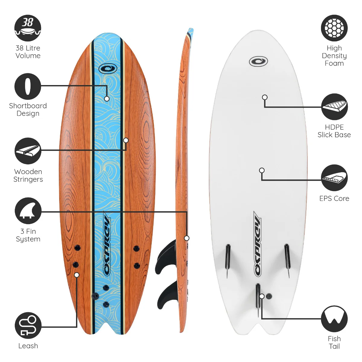 5ft 8in Foam Surfboard - Wood - Image 6