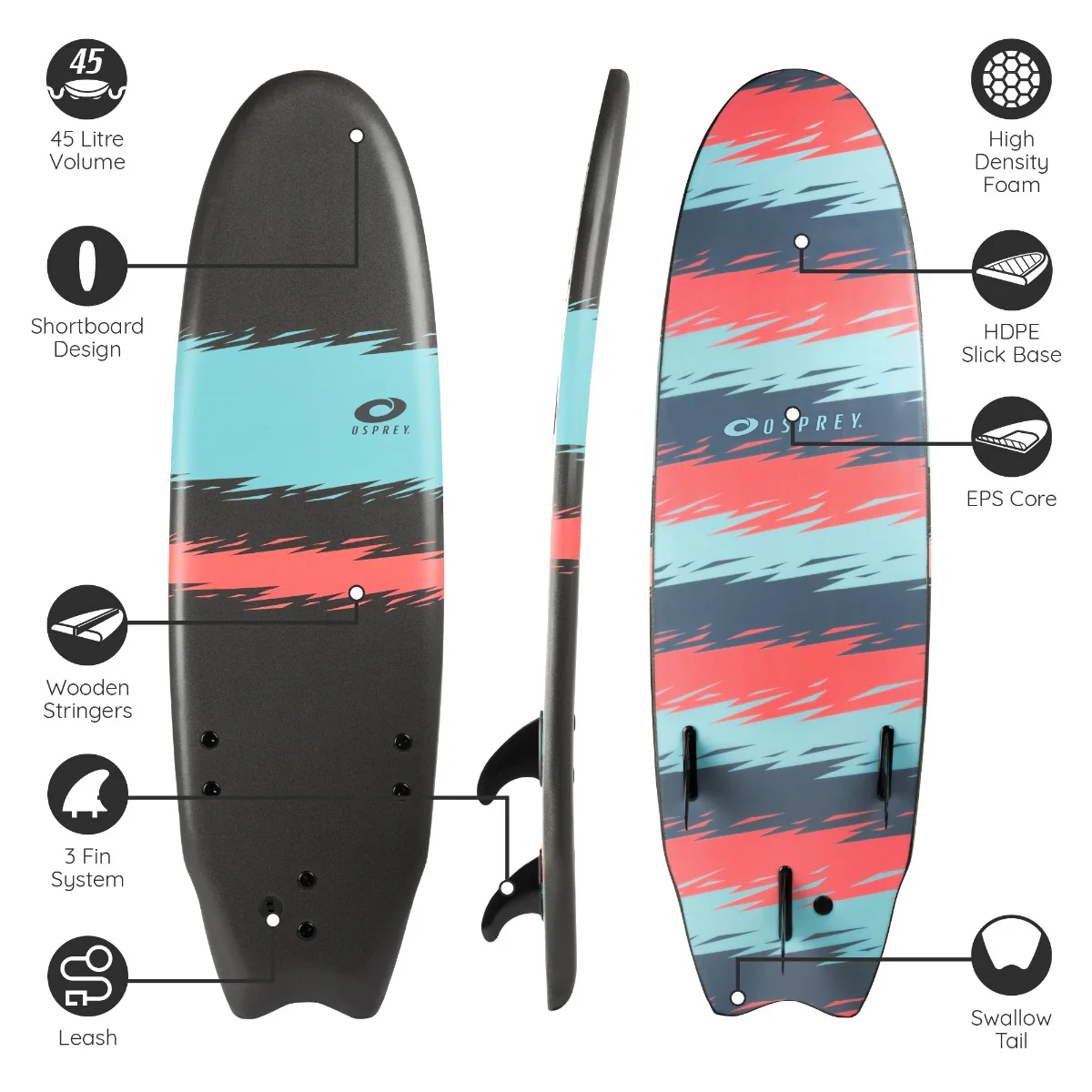 6ft Foam Surfboard - Jagged Stripe - Image 6