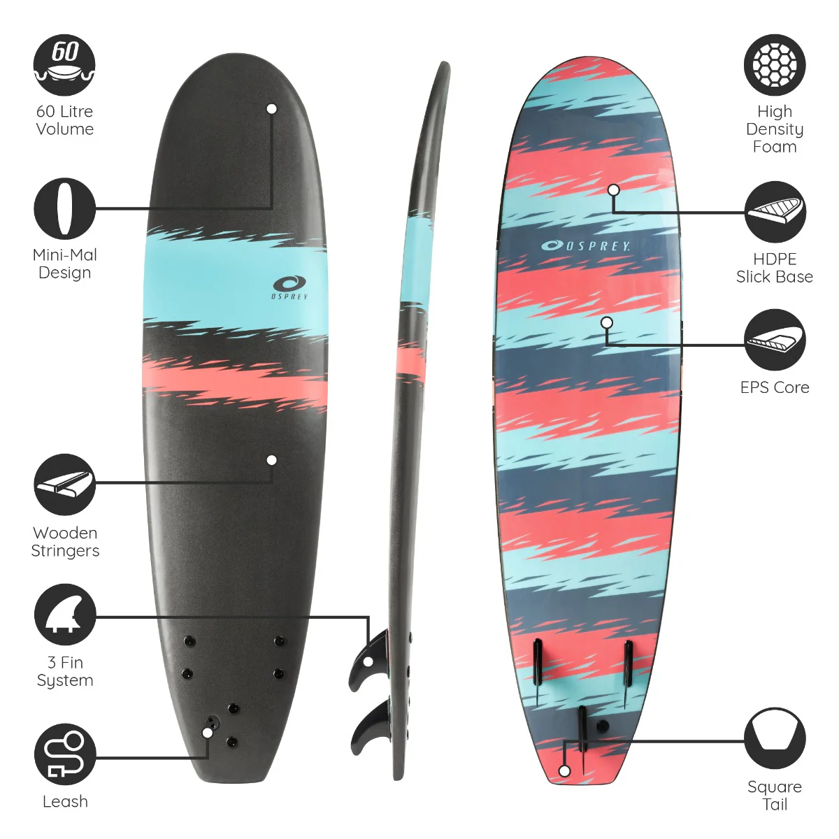7ft 2in Foam Surfboard - Jagged Stripe - Image 6
