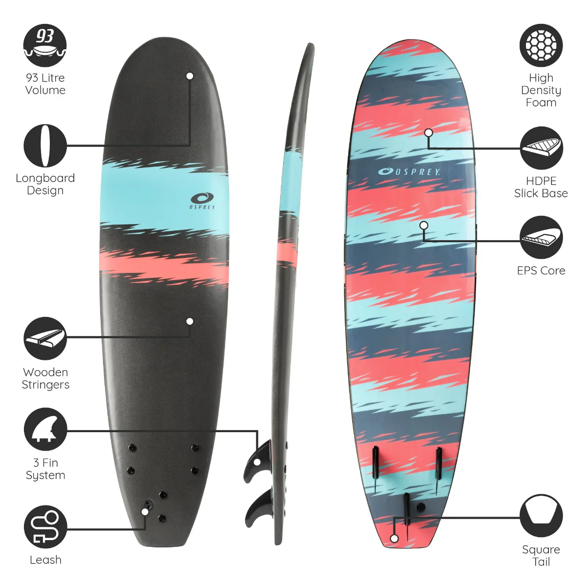 9ft 3in Foam Surfboard - Jagged Stripe - Image 6