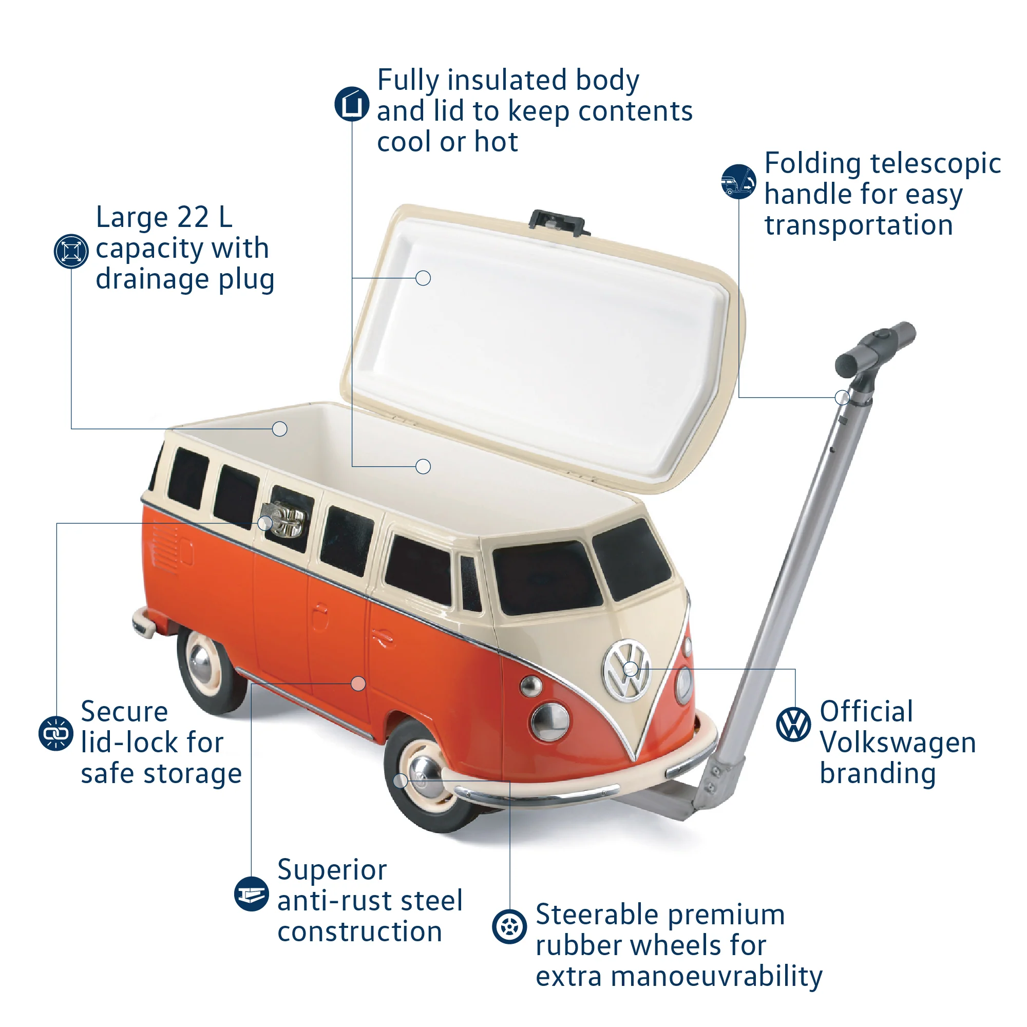 VW 26L Premium Steel Cooler Box with Wheels & Pull Handle - Image 7